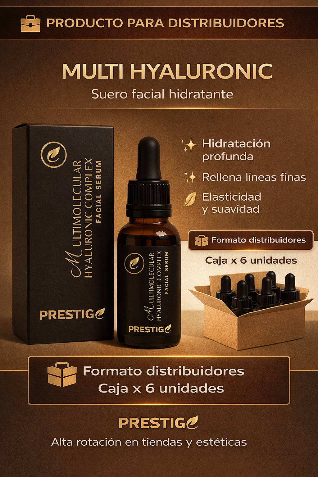 Ácido Hialurónico Multimolecular Prestige – Suero Facial Hidratante (Caja x 6 Unidades para Distribuidores)